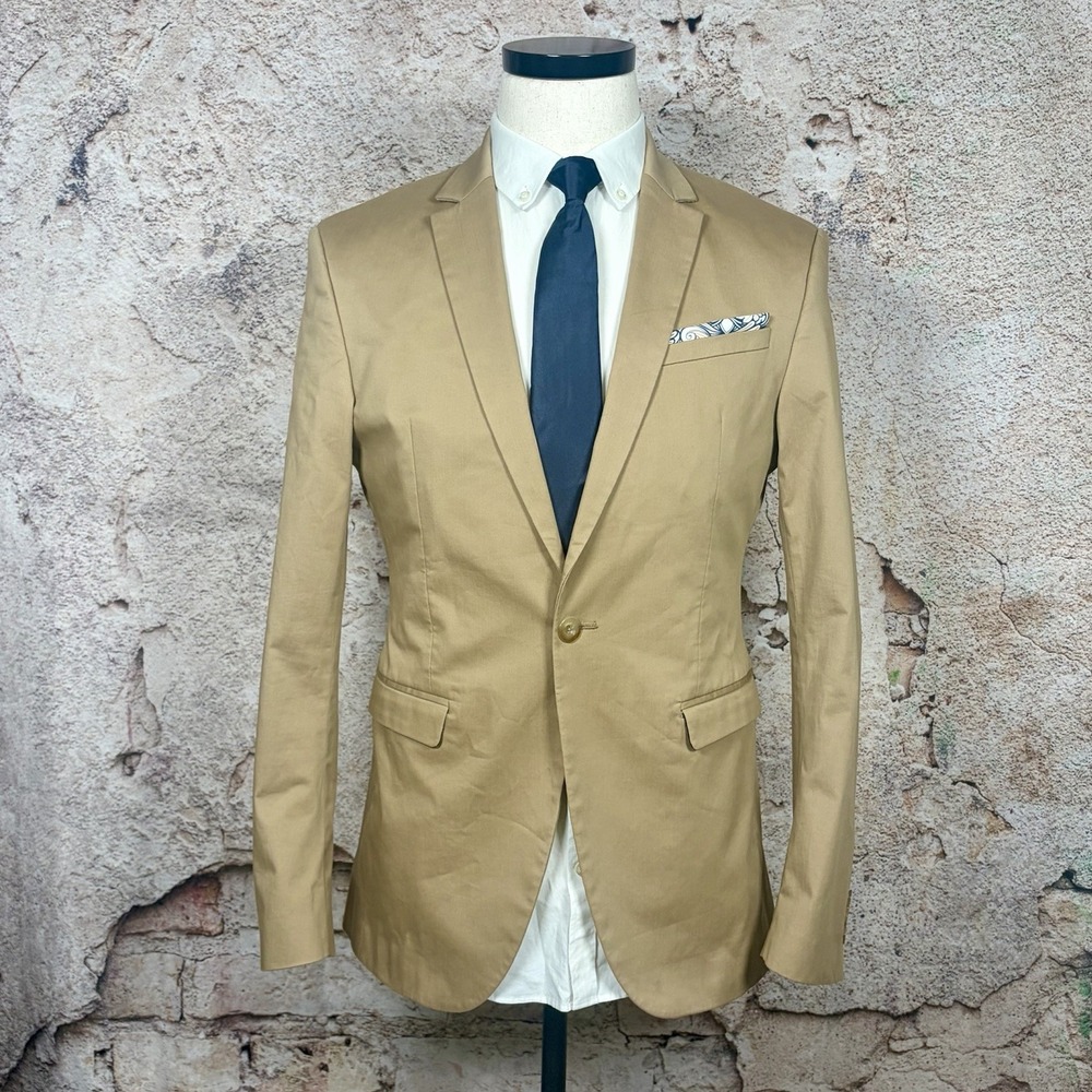 Zara Man US 38 Camel Sport Coat Blazer Jacket Pocket Square One Button